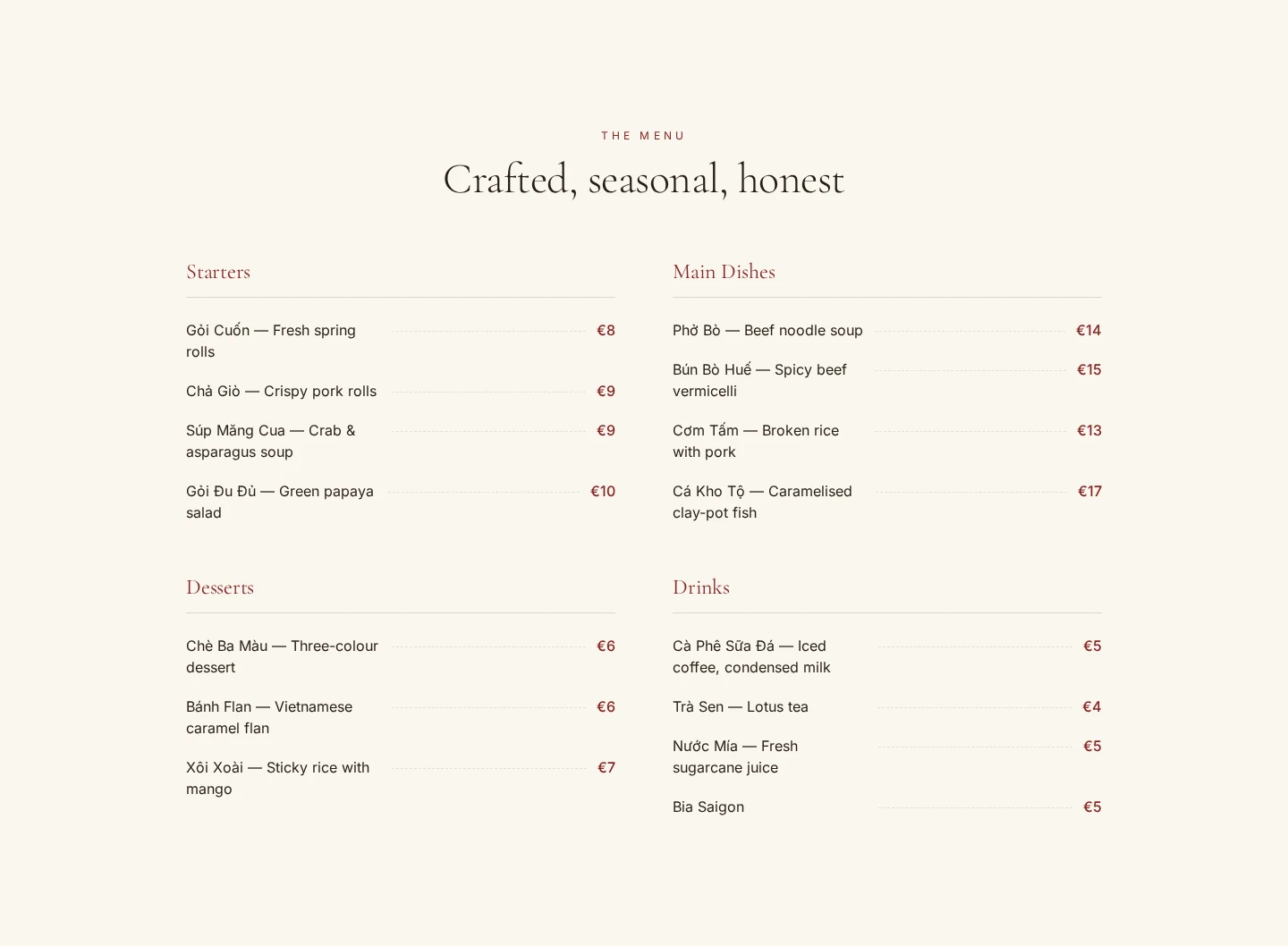 Menu du restaurant Xin Chao : entrées, plats, desserts et boissons